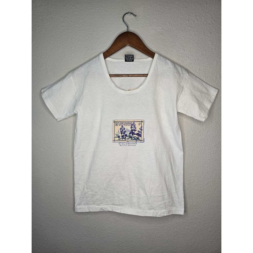 Vintage Colorado Shirt Yellowstone Moose Nature Boat Neck Womens Small White Tee